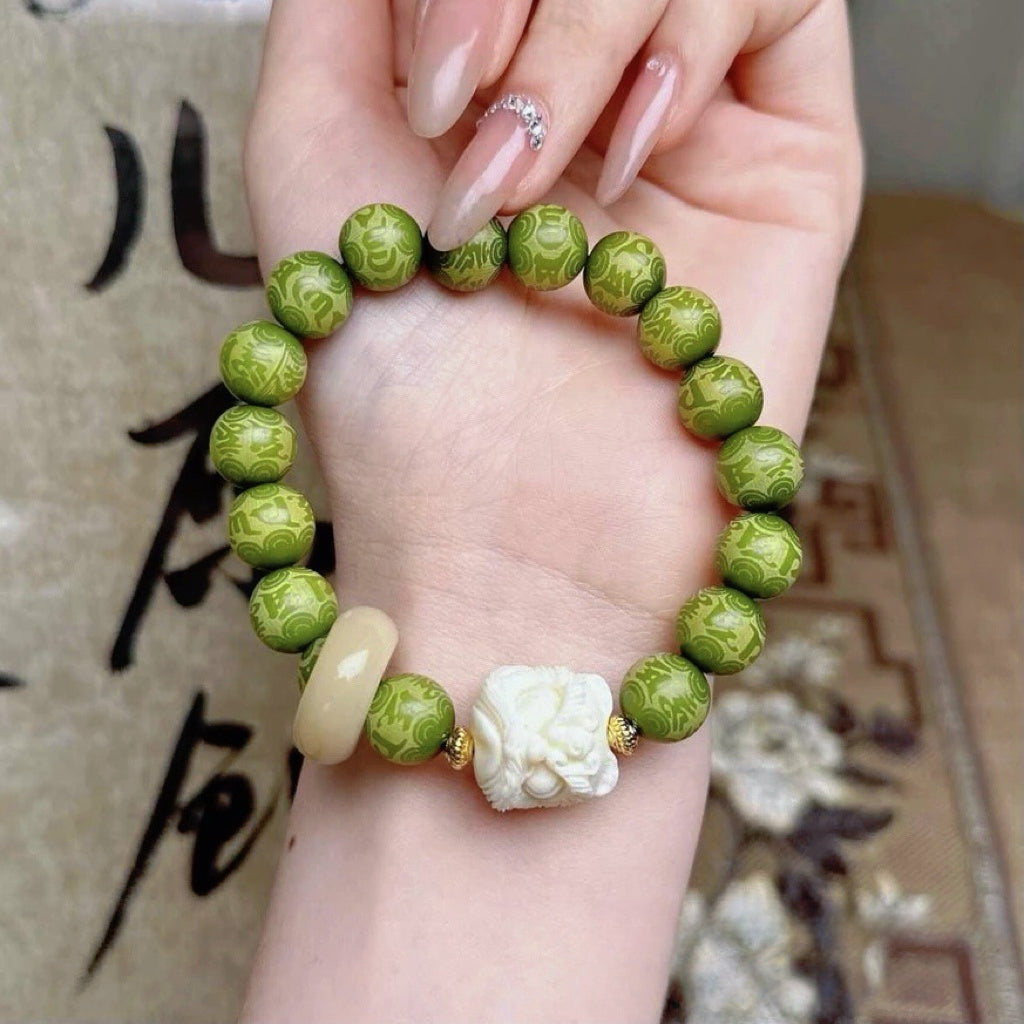Lingyin Temple Cultural Design · Green Bodhi Bracelet with Lion Bead & Rotating Jade Ring