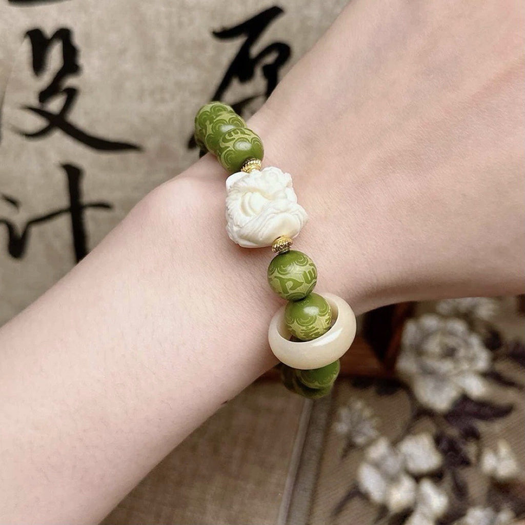 Lingyin Temple Cultural Design · Green Bodhi Bracelet with Lion Bead & Rotating Jade Ring