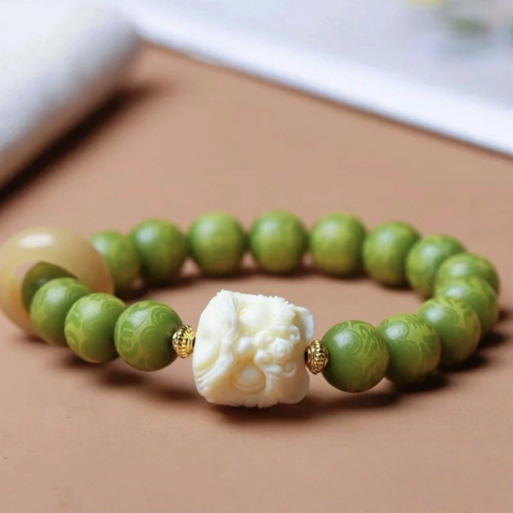 Lingyin Temple Cultural Design · Green Bodhi Bracelet with Lion Bead & Rotating Jade Ring