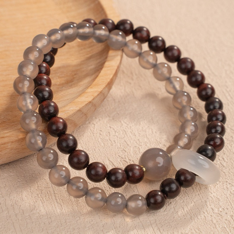 Neo Oriental · Red Sandalwood & Agate Double-Wrap Bracelet