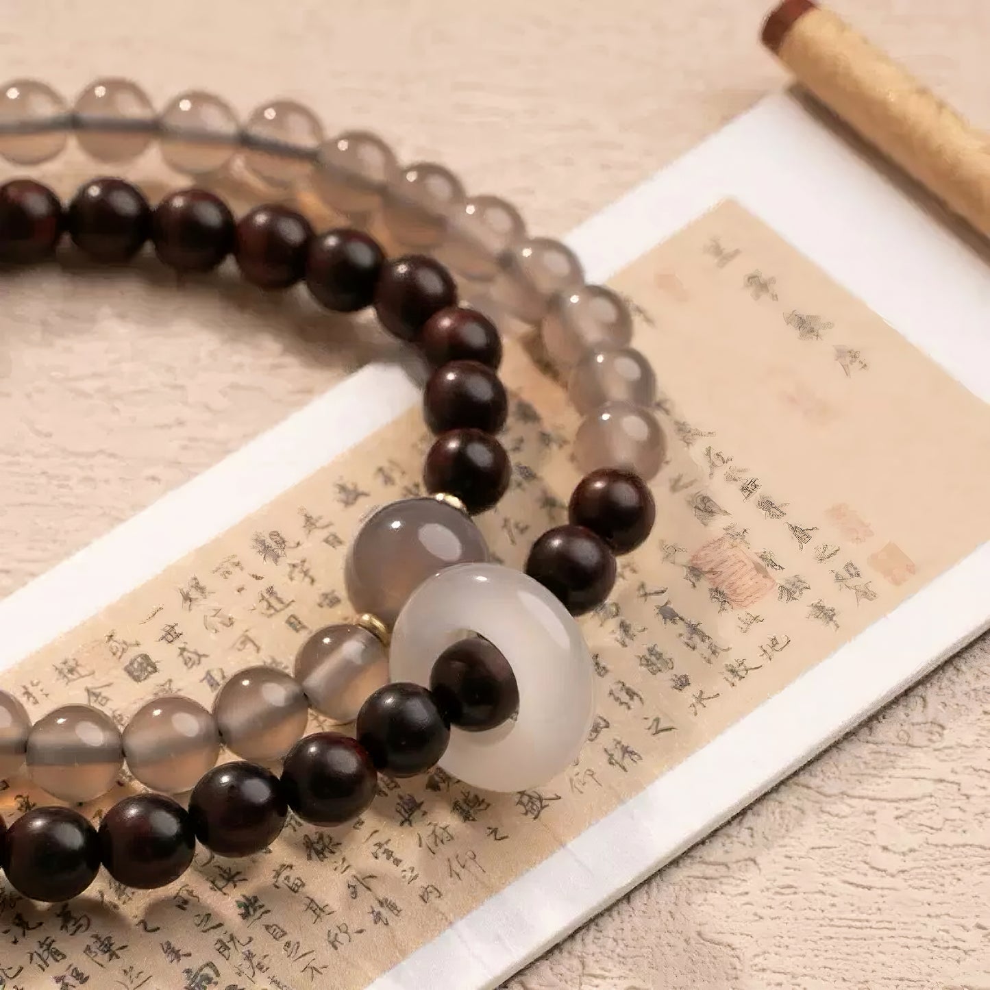 Neo Oriental · Red Sandalwood & Agate Double-Wrap Bracelet