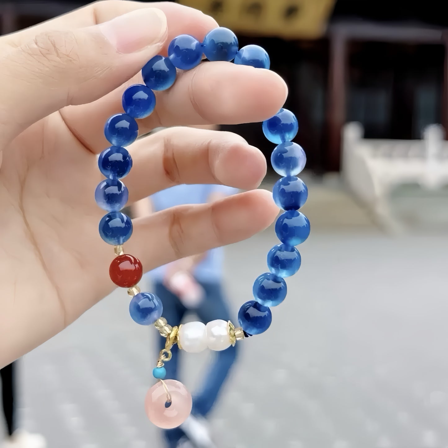 Xiangji Temple · Blue Hollow Agate “Ping An Kou” Talisman Bracelet