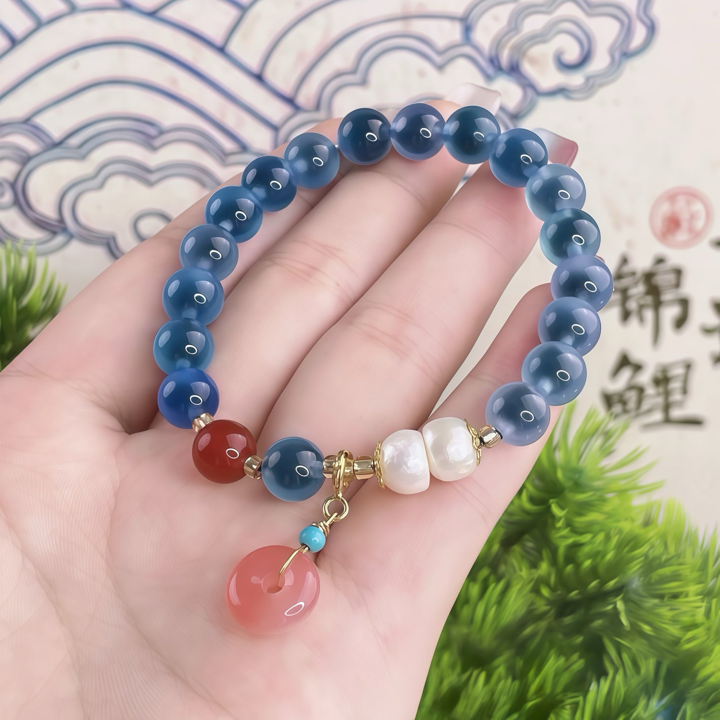Xiangji Temple · Blue Hollow Agate “Ping An Kou” Talisman Bracelet