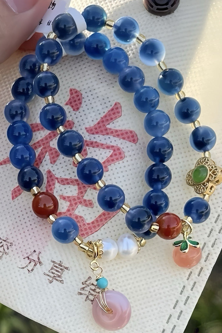 Xiangji Temple · Blue Hollow Agate “Ping An Kou” Talisman Bracelet